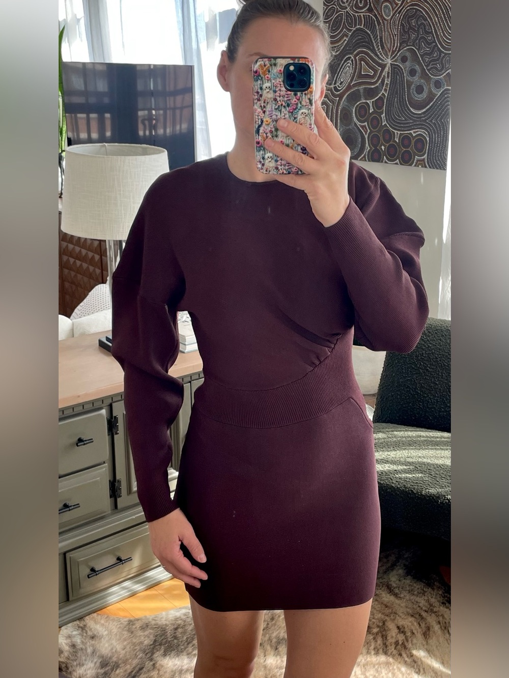 Ganni Long-Sleeve Knit Mini Dress in Plum S
